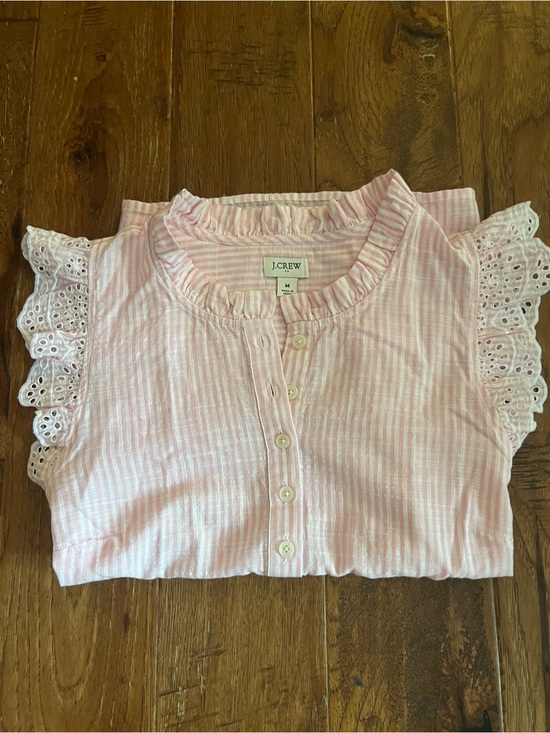 J. Crew Tops - J. Crew Pink and White Striped Eyelet Flutter Sleeve Blouse